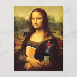 Postal Mona Lisa divertida con vino y libro