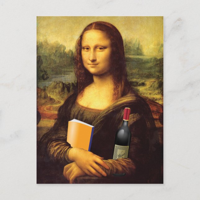 Postal Mona Lisa divertida con vino y libro (Anverso)