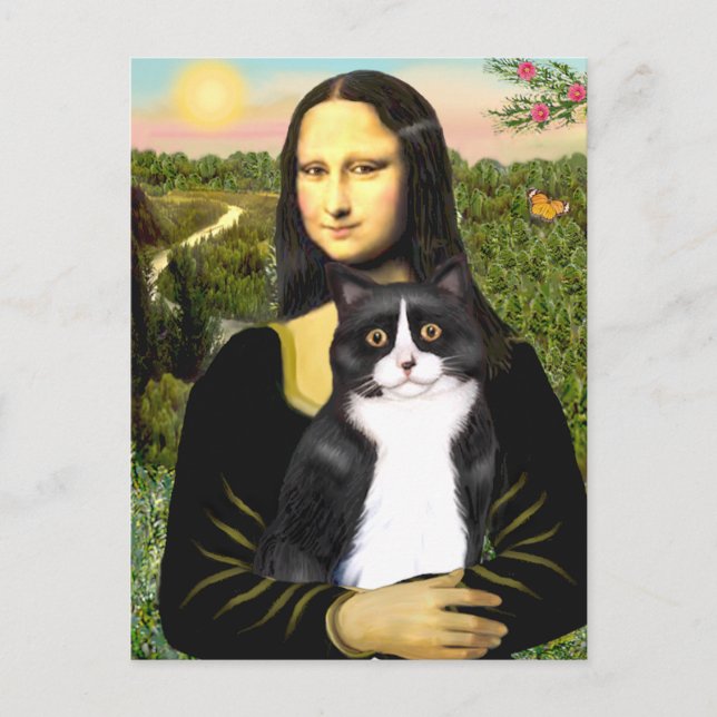 Postal Mona Lisa - gato blanco y negro (Anverso)