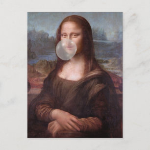 Postal Mona Lisa soplando chicle de burbuja gris