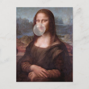 Postal Mona Lisa soplando chicle gris