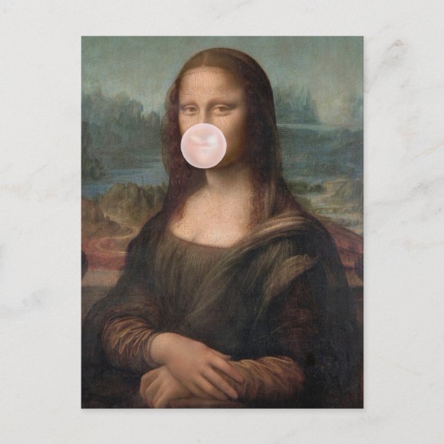 Postal Mona Lisa Soplando Chicle Rosa (Anverso)