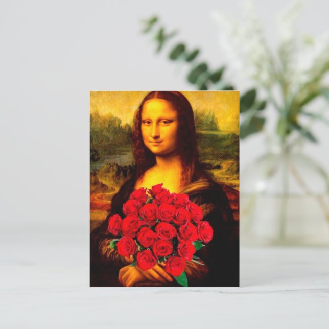 Postal Mona Lisa sosteniendo rosas rojas Leonardo Da Vinc (Anverso de pie)