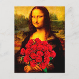 Postal Mona Lisa sosteniendo rosas rojas Leonardo Da Vinc