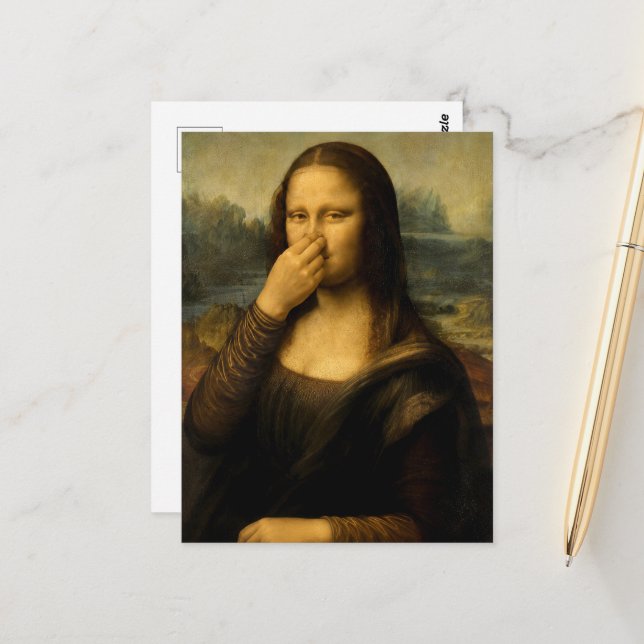 Postal Mona Lisa sosteniendo su nariz No 2 (Anverso/Reverso In Situ)