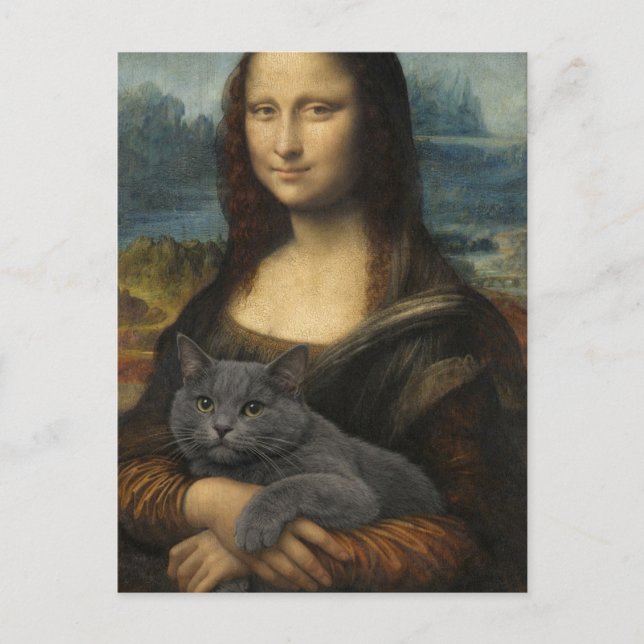 Postal Mona Lisa sosteniendo un elegante gato gris (Anverso)