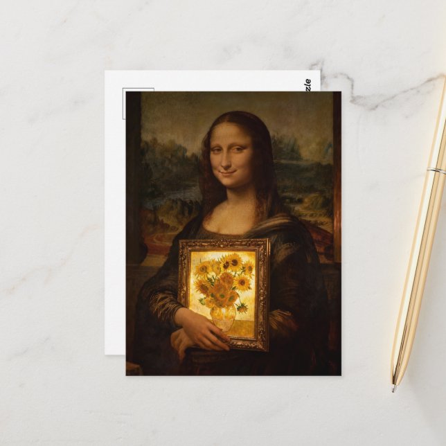 Postal Mona Lisa sostiene un Van Gogh (Anverso/Reverso In Situ)