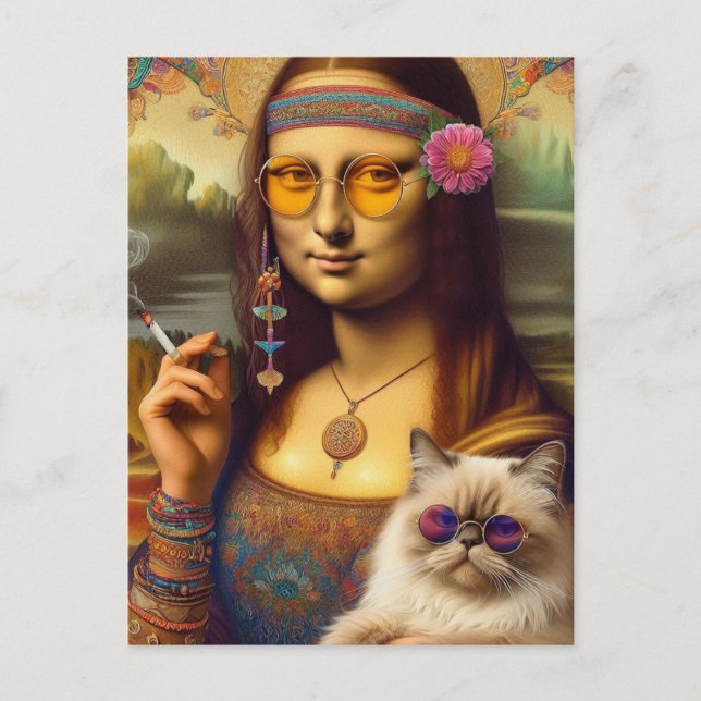Postal Mona Lisa y su gato himalayo fumando (Anverso)