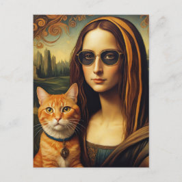 Postal Mona Lisa y su gato jengibre