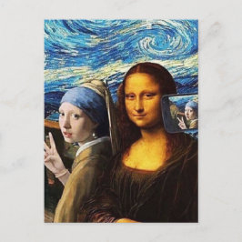 Postal Mona Lisa y una chica tomándose una selfie