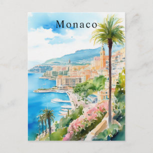 Postal Mónaco Acuarela Retro Viaje Mediterráneo