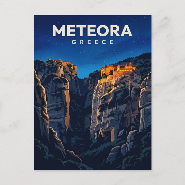 Postal Monasterios de Meteora de Noche Grecia (Anverso)