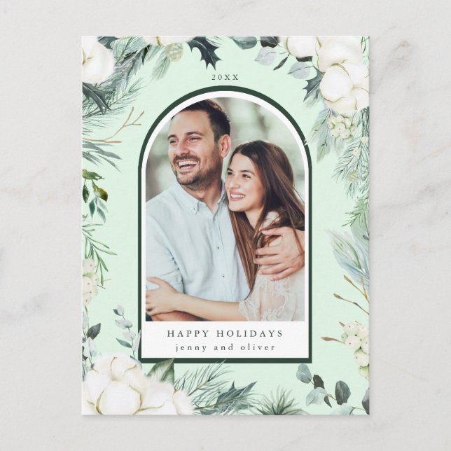 Postal Moneda de feriado Evergreen & Cotton Flowers Arch  (Anverso)