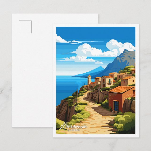 Postal Monemvasia Grecia Viaje Ilustracion Vintage (Anverso / Reverso)