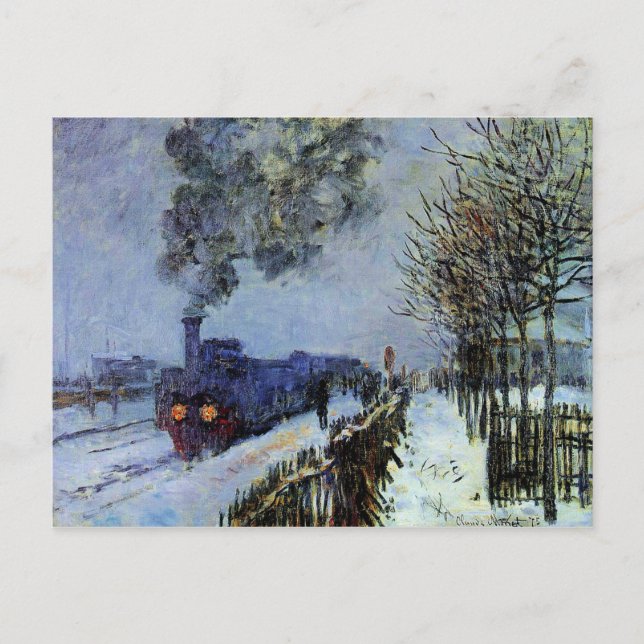Postal Monet - Tren en la nieve, la locomotora (Anverso)