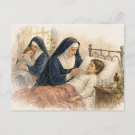 Postal Monja católica cuidando a un niño enfermo