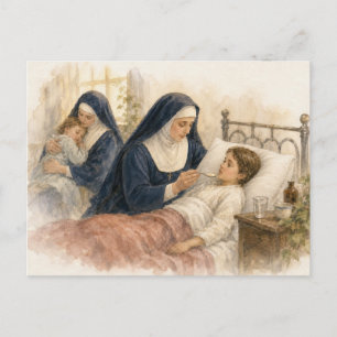 Postal Monja católica cuidando a un niño enfermo