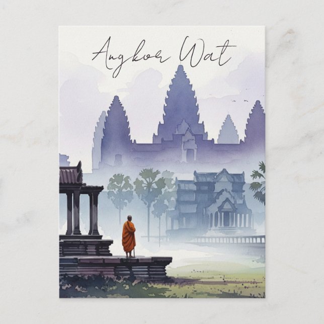 Postal Monje en la acuarela de Angkor Wat Camboya (Anverso)
