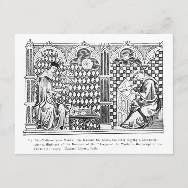 Postal Monjes matemáticos: uno enseñando el globo (Anverso)