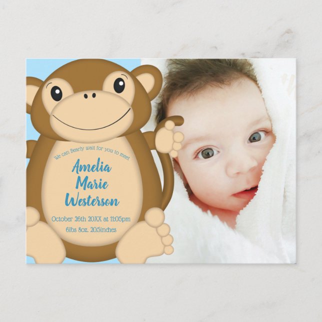 Postal Monkey Baby Shower Blue (Anverso)