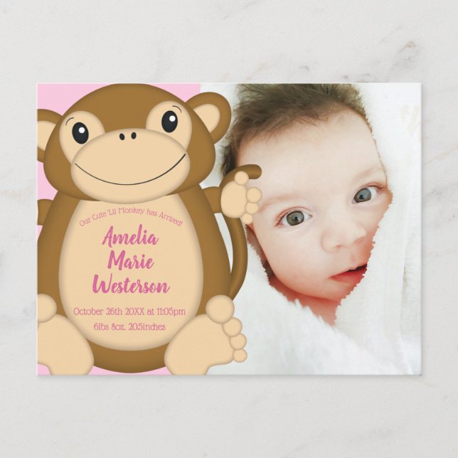 Postal Monkey Baby Shower Pink (Anverso)