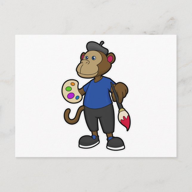 Postal Mono como pintador con pintura y pincel (Anverso)