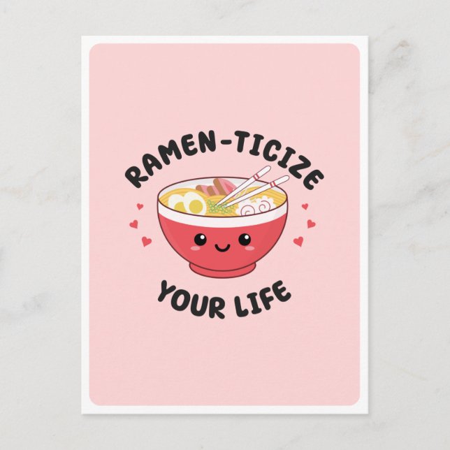 Postal Mono Kawaii Ramen Comida Asiática Chiste Amor Romá (Anverso)