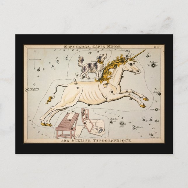 Postal Monoceros Canis Menor y Atelier Typographique (Anverso)