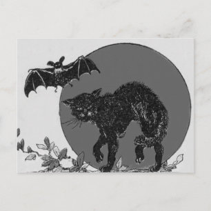Postal Monocromo Black Cat Bat Full Moon