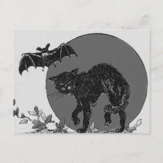 Postal Monocromo Black Cat Bat Full Moon