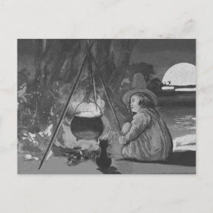 Postal Monocromo Witch Black Cat Cauldron Full Moon