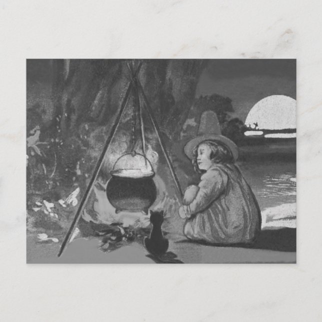 Postal Monocromo Witch Black Cat Cauldron Full Moon (Anverso)