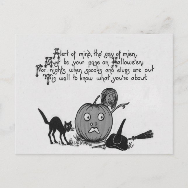 Postal Monocromo Witch Black Cat Jack O Lantern Poema (Anverso)