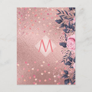 Postal MONOGRAM floral azul rosado giratorio giratorio de