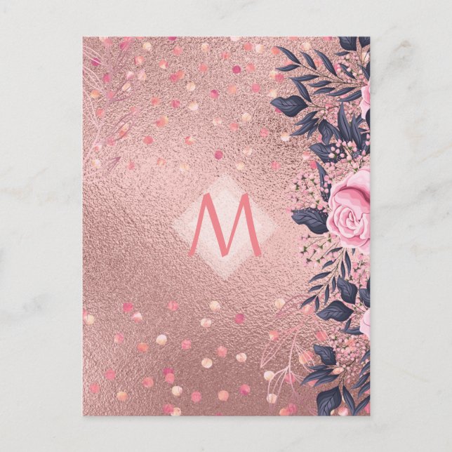 Postal MONOGRAM floral azul rosado giratorio giratorio de (Anverso)
