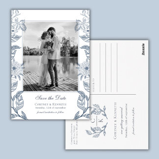Postal Monograma 2 Foto Azul Francés Boda Save The Date