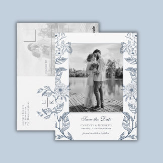 Postal Monograma 2 Foto Azul Francés Boda Save The Date