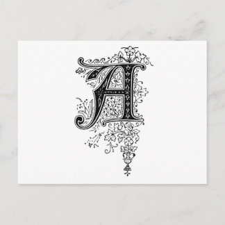 Postal Monograma A Script Floral de cosecha negra