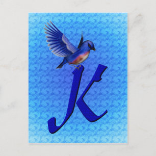 Postal Monograma Bluebird K inicial elegante