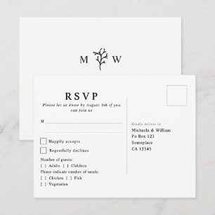 Postal Monograma Botánico Moderno para RSVP de Boda