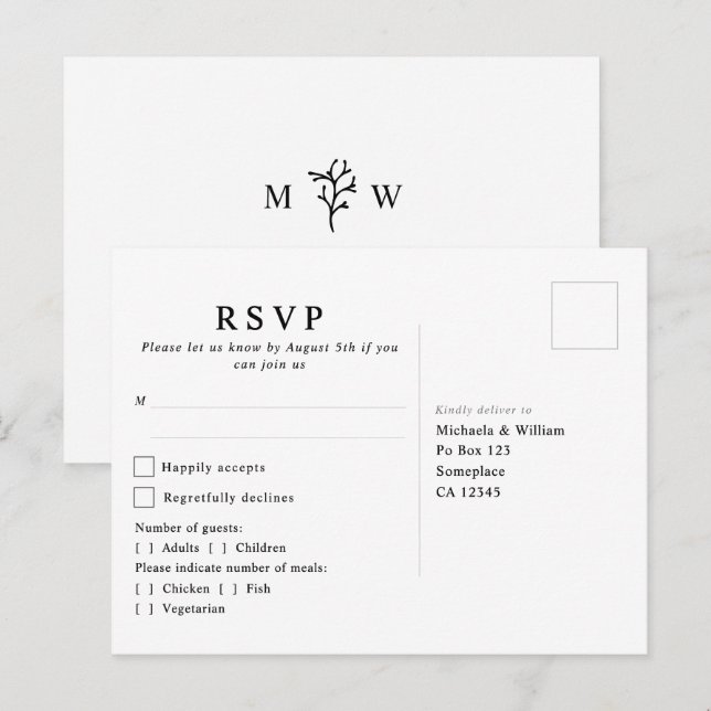 Postal Monograma Botánico Moderno para RSVP de Boda (Anverso / Reverso)