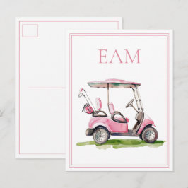 Postal Monograma de Carrito de Golf Rosa Elegante