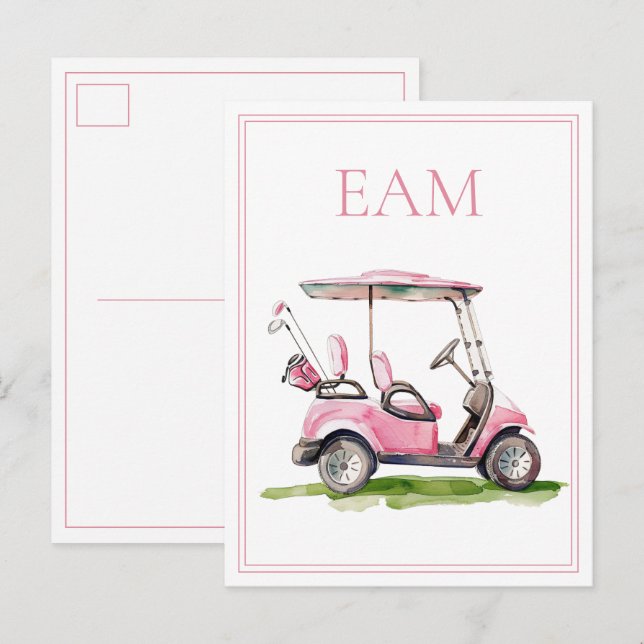 Postal Monograma de Carrito de Golf Rosa Elegante (Anverso / Reverso)