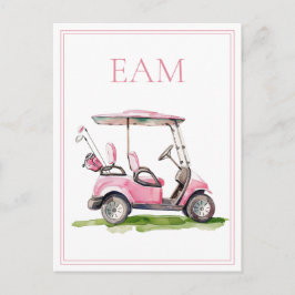 Postal Monograma de Carrito de Golf Rosa Elegante