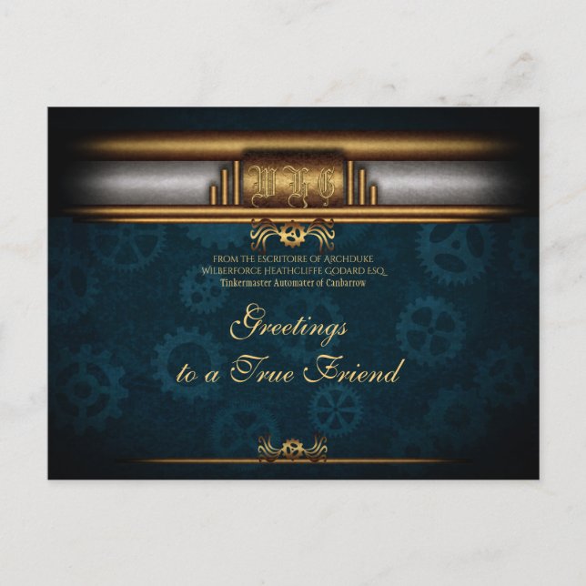 Postal Monograma Deco al vapor, latón y azul profundo (Anverso)