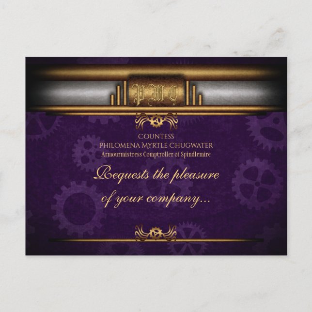 Postal Monograma Deco al vapor, latón y púrpura real (Anverso)