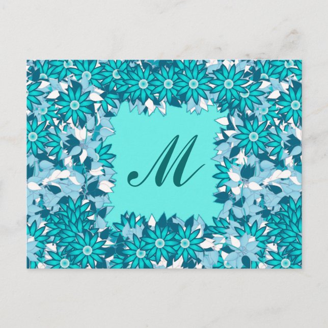 Postal Monograma enmarcado con flores - azul y blanco (Anverso)