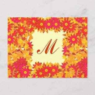 Postal Monograma enmarcado con flores - rojo y oro