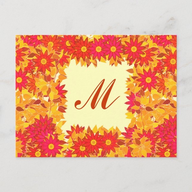 Postal Monograma enmarcado con flores - rojo y oro (Anverso)