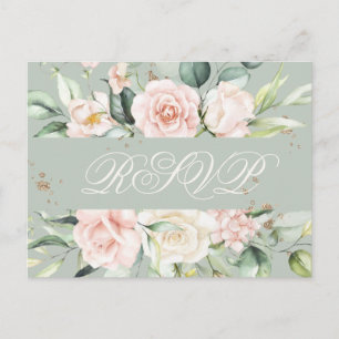 Postal Monograma Floral Rosa Verde Acuarela RSVP 